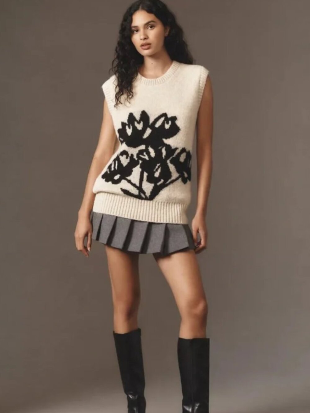 Anthropology | Maeve - Cream Knit Sweater Vest with Black Floral Design - S